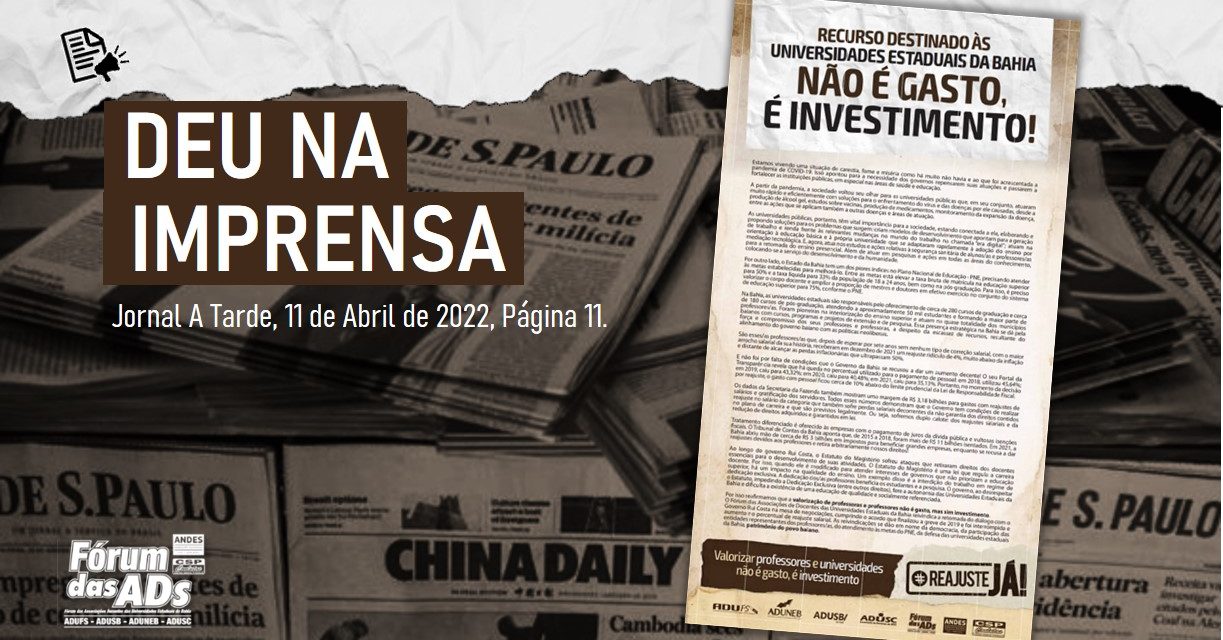 Fórum das ADs defende reajuste salarial em nota no Jornal A Tarde